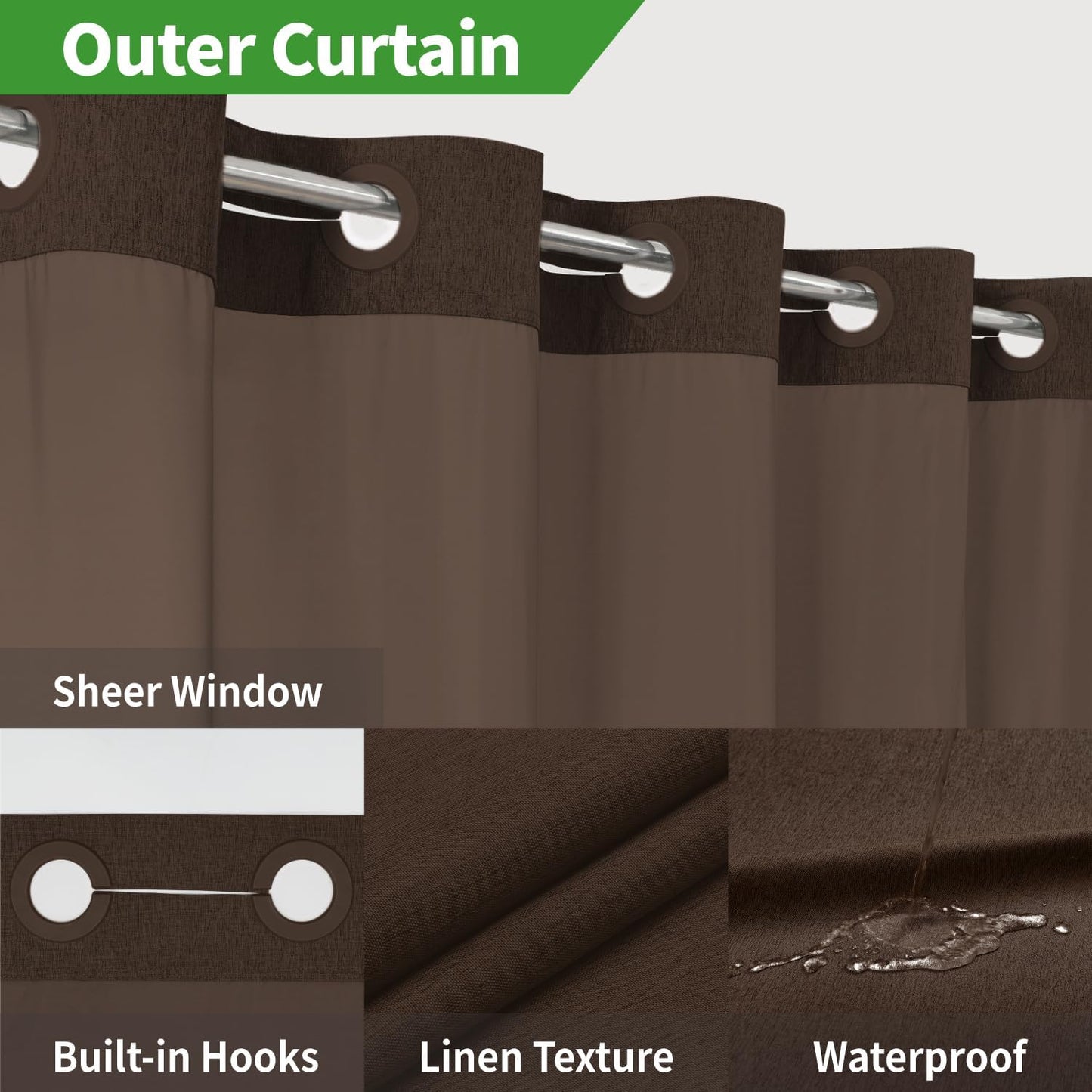 No Hooks Needed Linen Textured Shower Curtain with Snap-in Fabric Liner Set,Hotel Luxury Decor Shower Curtains for Bathroom with Mesh Top Window,Waterproof & Washable,71Wx74H,Brown