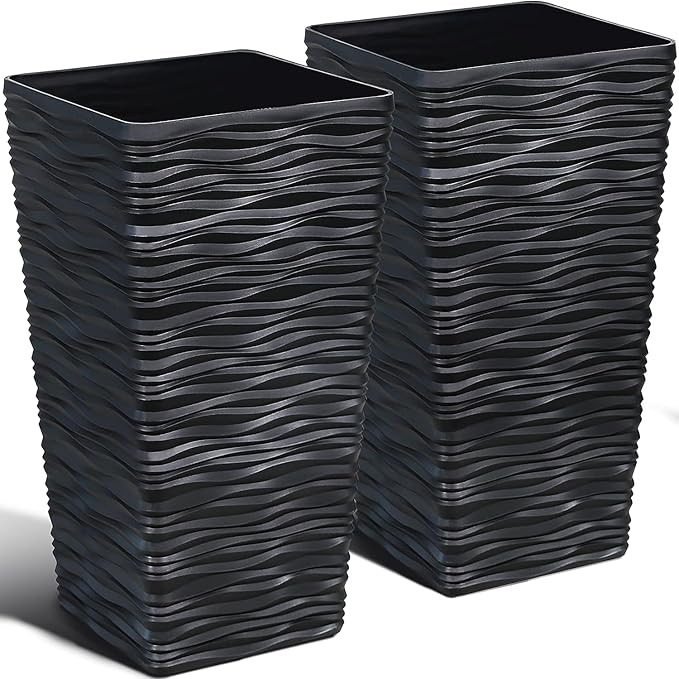 Worth Garden 2-Pack Black Tall Planter - Plastic Square Tapered Tree Plant Pots for Indoor Outdoor - 22" H - Modern Wavy Finish Decorative Flower Pots for Front Porch Containers Patio Deck