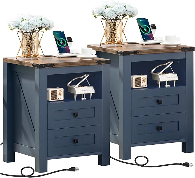Nightstands Set of 2 with Charging Station, Farmhouse Night Stand with 2 Drawers and Shelf Storage, Wooden Side End Table, Bedside Cabinet for Bedroom, Living Room, Closet,Office (Blue)