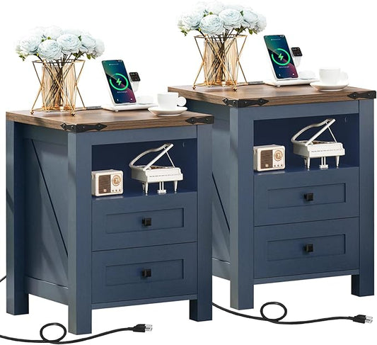 Nightstands Set of 2 with Charging Station, Farmhouse Night Stand with 2 Drawers and Shelf Storage, Wooden Side End Table, Bedside Cabinet for Bedroom, Living Room, Closet,Office (Blue)