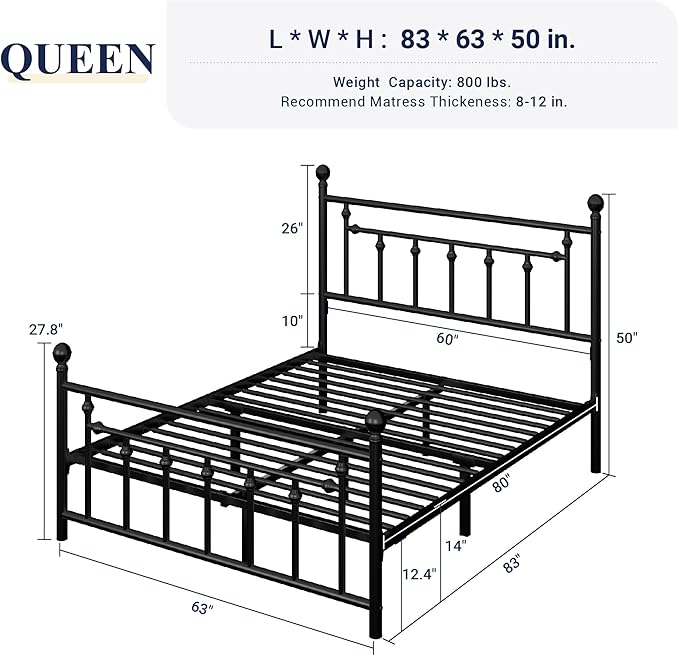 Allewie 14 Inch Queen Size Metal Platform Bed Frame with Victorian Vintage Headboard and Footboard/Mattress Foundation/Under Bed Storage/No Box Spring Needed/Easy Assembly/Noise Free/Black
