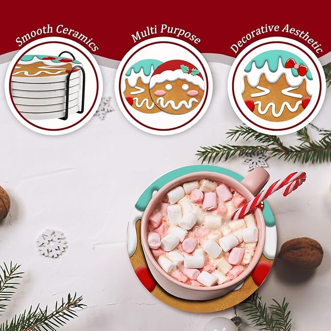 Christmas Absorbent Coasters with Holder Set of 6, Ceramic Stone with Cork Base, Cute Gingerbread Man Coaster for Drinks, Gift for Housewarming Room Bar Home Decor Kitchen