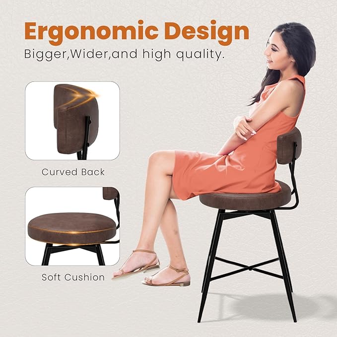 Bar Stools Set of 2, Swivel Counter Height Bar Stools with Back, 27 Inch Brown PU Leather Upholstered Kitchen Bar Chairs for Kitchen Counter Island, Dining Chairs with Footrest Metal Legs
