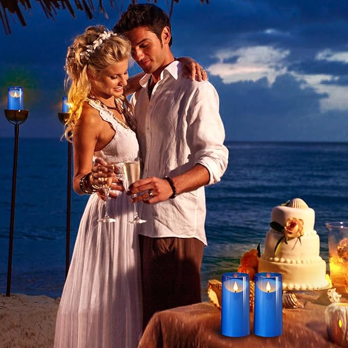 NURADA 3"x6"Flickering Flameless Candles: 3D Wick Acrylic Battery Operated LED Pillar Battery Candles with Remote and Timer for Decoration Wedding Party - 2 Pack Blue