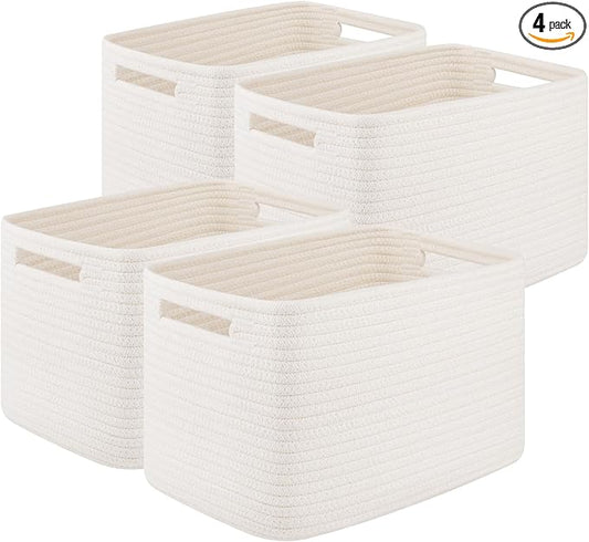 Storage Baskets for Organizing, Woven Decorative Baskets for Shelves - Books, Towels, and Clothes, Cotton Rope Toy Storage Bins, 12.7''Lx9''Wx7.8''H, Pack of 4, White