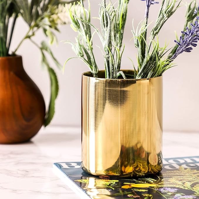 Juvale Desk Organizer Pen & Pencil Holder - 3.2 x 3.9 in, Gold Stainless Steel - Desk Supply Organizer with Gold Pen Cup, Makeup Brush Cup & Vanity Brush Holder