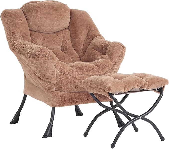 LITA Lazy Chair with Ottoman, Modern Accent Leisure Upholstered Sofa Chair, Lounge Reading Chair with Armrests and a Side Pocket for Living Room, Bedroom & Small Space, Plush Brown