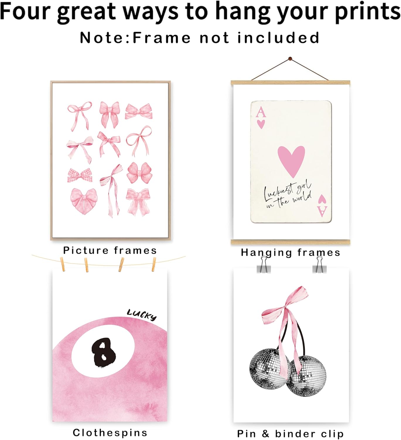 Pink Coquette Trendy Preppy Wall Art Prints Set of 4, Coquette Room Decor, Preppy Room Decor Aesthetic, Pink Bow Disco 8 Ball Cherry Wall Decor Posters for Girls Bedroom Dorm, 12x16 Unframed