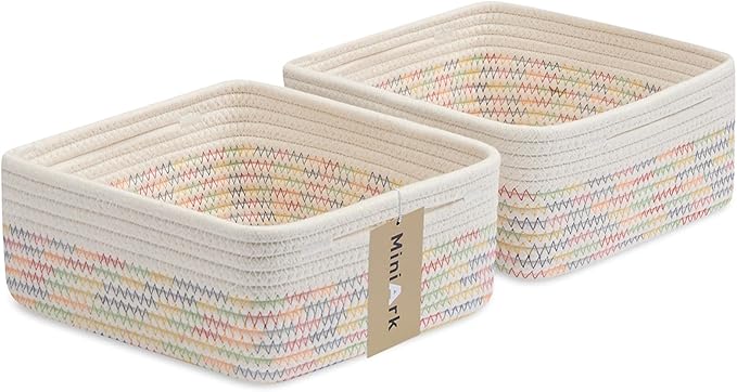 Small Square Shallow Baskets for Organizing, 9.7x9.7x4.3 Inch Rope Woven Storage Bins for Cubes Closet, Shelves Storage, Boho Decorative Basket, 2 Packs Off White Rainbow