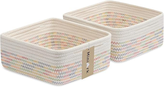 Small Square Shallow Baskets for Organizing, 9.7x9.7x4.3 Inch Rope Woven Storage Bins for Cubes Closet, Shelves Storage, Boho Decorative Basket, 2 Packs Off White Rainbow