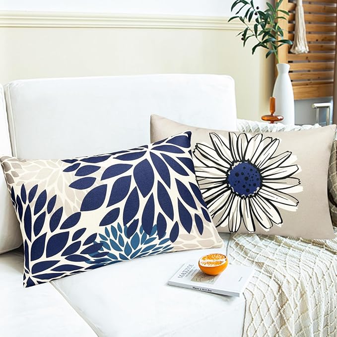 Decorative Throw Pillow Covers Set of 4 Blue Pillow Covers 12x20 inch Throw Pillow Cases Linen Square Pillow Case,Farmhouse Outdoor Modern Boho Pillow Covers for Couch Sofa Living Room