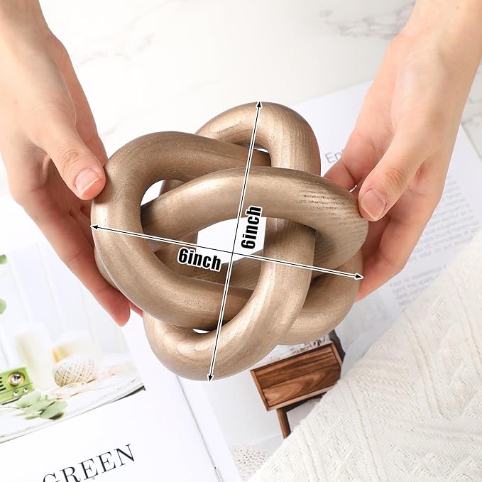 3 Link Wood Knot Decor - Hand Carved Coffee Table Decoration, Boho Chain Link Decor, Modern Shelf, Rustic Objects for Home Living Room Bedroom(Champagne)