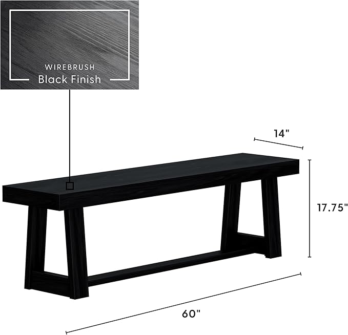 Plank+Beam 60 Inch Farmhouse Dining Bench, Solid Wood Entryway Bench, Wooden Outdoor Bench, Kitchen Dining Seat, Dining Room, Home Office, Living Room Furniture, Easy Assembly, Black Wirebrush