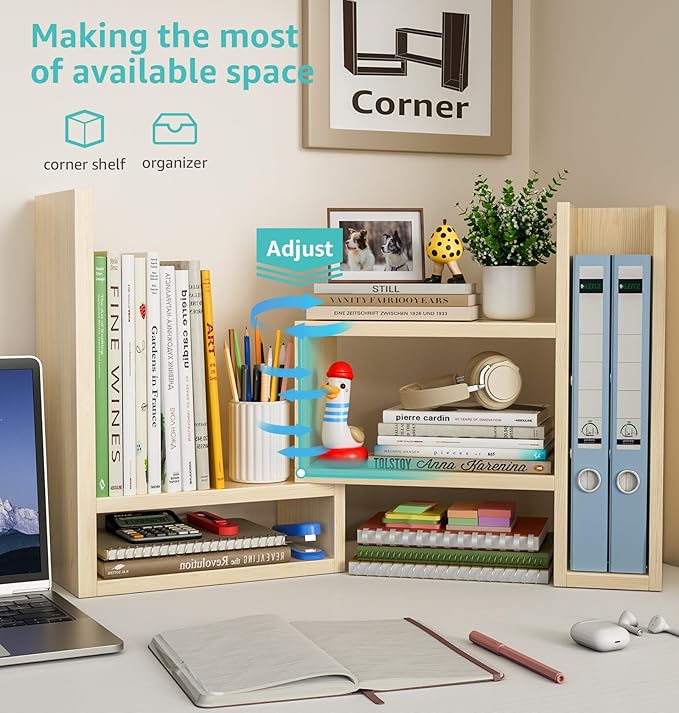 Desktop File Organizer Desk Organizer Shelf - Wooden Office Organization Shelves for Top of Desk Organizers and Accessories Corner Bookshelf Table Top Shelving Small Hutch Decorations for Women Office