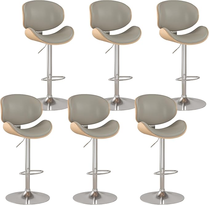 KCC Bar Stools Set of 6, Swivel Adjustable Height Barstools, PU Leather Upholstered Bar Chairs with Footrest, Bentwood Bar Stool for Kitchen, Bar, Dining Room(Grey PU)