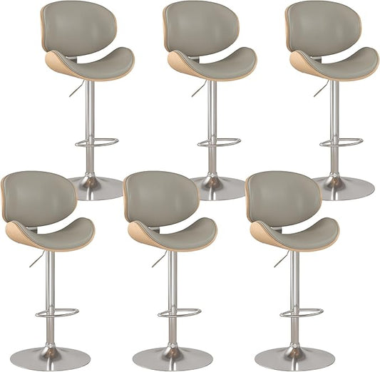 KCC Bar Stools Set of 6, Swivel Adjustable Height Barstools, PU Leather Upholstered Bar Chairs with Footrest, Bentwood Bar Stool for Kitchen, Bar, Dining Room(Grey PU)
