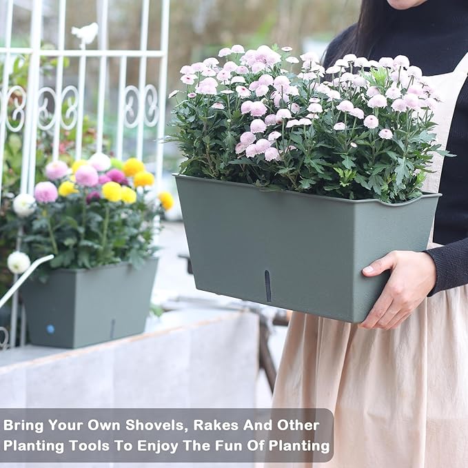 Window Box Planter 6 Pcs, 12.6 Inches Self Watering Rectangle Flower Plant Pots with Drainage Holes & Breathable Trays, Vegetable Planters for Windowsill Patio Garden Balcony Porch Yard (Dark Green)