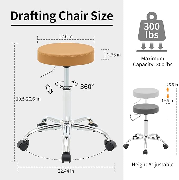 Office Desk Chair, Adjustable Swivel Rolling Stool 19.5’’-26.6’’,Camel Brown Desk Stool with Wheels (Camel Brown)