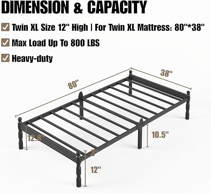 12 Inch Twin XL Bed Frame Keep Mattress from Sliding, Twin XL Size Platform Bed Frames No Box Spring Needed, Heavy Duty Metal Bedframe, Non-Slip, Easy Assembly