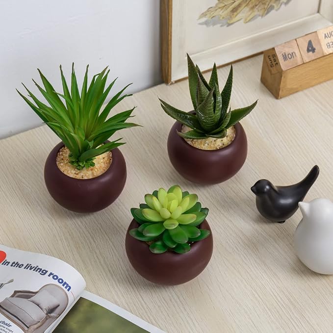 MyGift Succulents Plants Artificial, Fake Faux Indoor House Plants in Round Brown Ceramic Pots, Set of 3