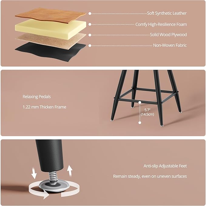 IRONCK Counter Height Bar Stools Set of 2, 26" Swivel Barstools with Backs, Hand-Riveted Design, Wide Seat, PU Leather Upholstered, Armless Bar Chairs for Kitchen Island, Brown