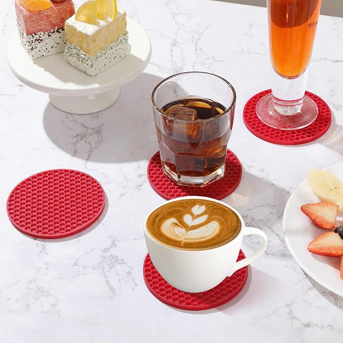 Silicone Coaster Set of 16 with Holder, Drinks Coasters, Suitable for Hot or Cold Cups, Anti-Slip, Non-Stick, Anti-Overflow Tabletop Protection and Decor (Wine Red, 16 Pcs)