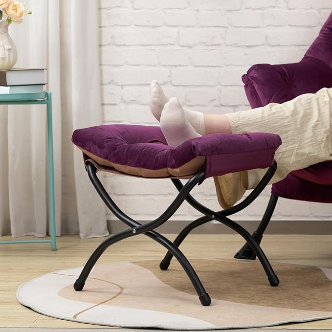 HollyHOME Fabric Lazy Chair with Foldable Ottoman, Accent Comfy Lounge Arm Chair and Folding Footrest Stool Set, Leisure Sofa Reading Chair and Footstool for Living Room, Bedroom, Dorm, Deep Purple