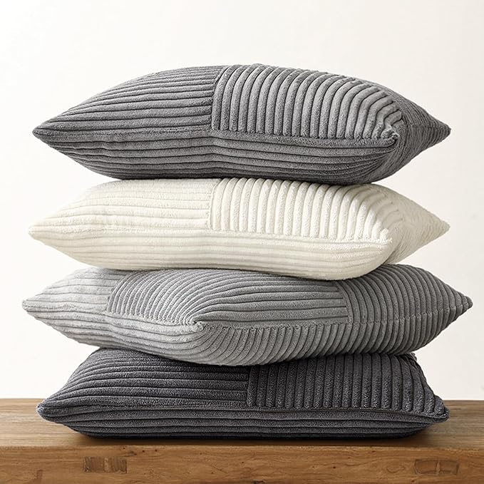 MIULEE Neutral Grey Decorative Throw Pillow Covers 18x18 Inch Set of 4 Modern Farmhouse Corduroy Cushion Cases Striped Patchwork Pillow Cases for Couch Sofa Bedroom Home Decor