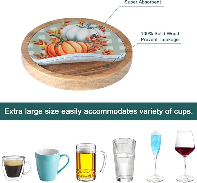 Fall Coasters Set of 6, Pumpkins Coaster, Minacun Absorbent Coasters with Holder Halloween Thanksgiving Themed Party Decoration 4.3 Inch