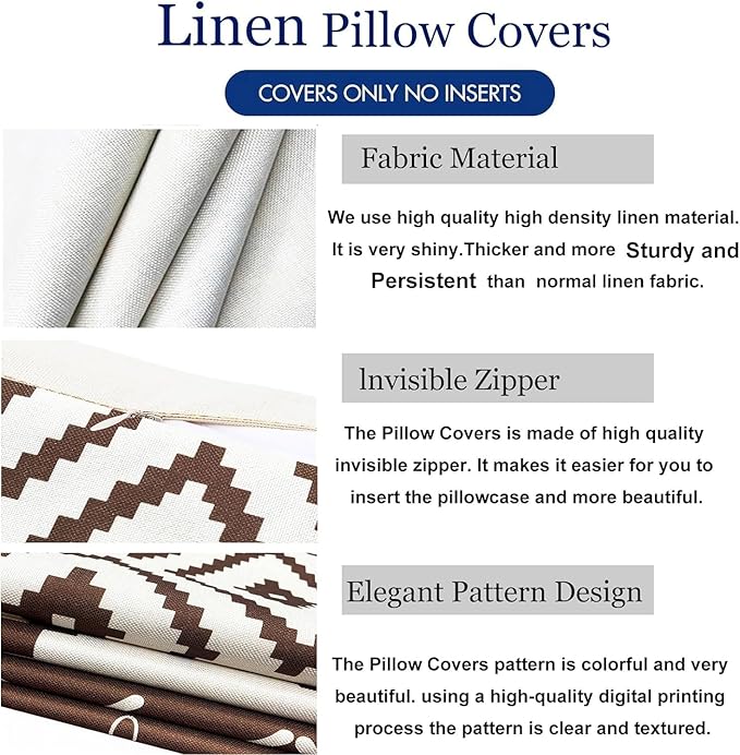 Decorative Throw Pillow Covers 18x18 inch Brown Pillow Covers for Couch Sofa Living Room Bedroom car,Farmhouse Outdoor Throw Pillow Cover,Modern Geometric Linen Square Throw Pillow Case Set of 4
