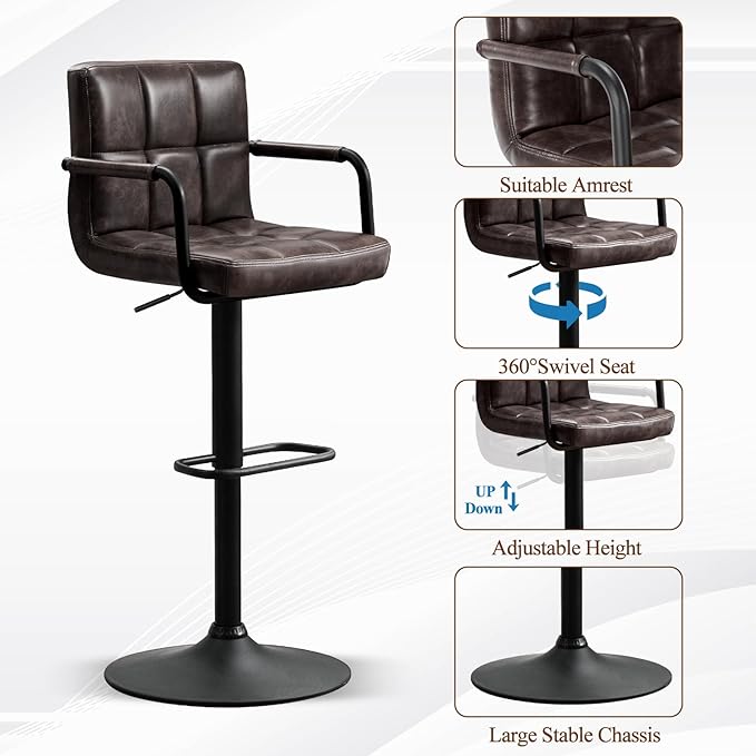 Furniliving Bar Stools Set of 2 with Backrest, Modern Square PU Leather Chairs with Armrest Adjustable Kitchen Counter Barstools for Kitchen Dining Pub Cafe (Blackbrown)
