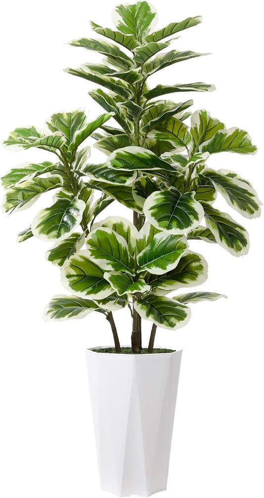 Artificial Fiddle Leaf Fig Plant Indoor 5FT Faux Rubber Tree with White Diamond Planter Tall Fake Floor Plant in Pot Artificial Trees for Home Office Living Room Decor Indoor