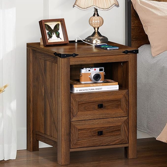 Nightstands Set of 2 with Charging Station, Farmhouse Side End Table with 2 Drawers and Open Shelf, Wood Rustic Sofa Table, Bedside Cabinet for Bedroom, Living Room, Closet, Office(Brown)