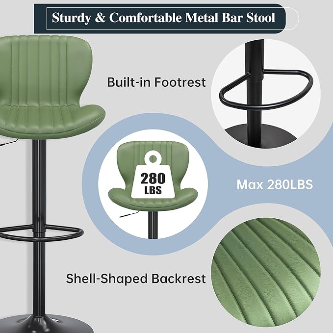 SUNLEI Swivel Swivel Bar Stools Set, Barstools Counter Height with Shell Shaped Backrest, Adjustable Moder Stools Pu Leather Bar Stool for Kitchen Counter, Island, Bars, Dining Room(Green, Set of 2)