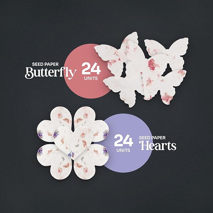 48pcs Plantable Seed Paper – 24 Heart & 24 Butterfly Embedded with Wildflower Seeds for Bridal Shower, Wedding Gift, Birthday, & Other Milestone Celebrations