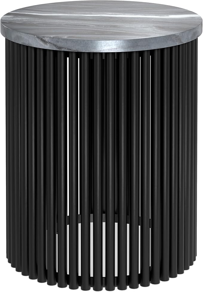 SIMPLIHOME Demy 18-inch Wide Metal Accent Table in Black Marble/Black Metal, Round Side Table with Slatted Base for Living Room, Bedroom, or Entryway, Industrial Style, Assembled