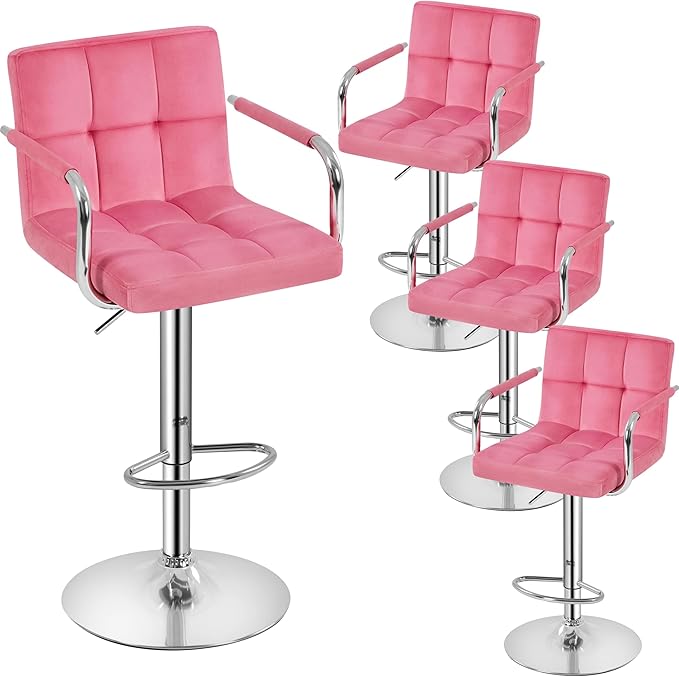 Yaheetech Bar Stools Set of 4, Velvet Fabric Swivel Barstools, Height Adjustable Counter Chairs, Modern Stools with Back for Bar Kitchen Island Dining Room, Pink