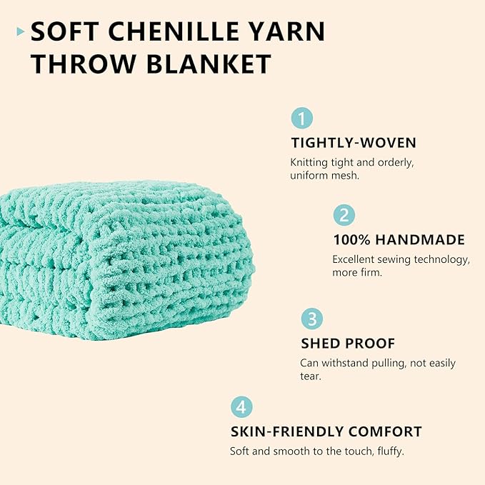 L'AGRATY Chunky Knit Blanket Throw: 60''x80'' Chenille Chunky Knitted Throw Blanket for Bed Couch - Handmade Thick Big Cable Knit Blanket - Large Crochet Rope Blanket for Home Decor(Lake Blue)