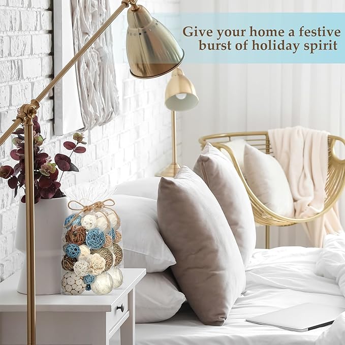 Riceshoot 2 Pack Decorative Balls Potpourri Bowl Filler Decor Natural Vase Bowl Filler Assorted Spherical Rattan Twigs Wicker Balls Cotton for Home Centerpiece(Blue)