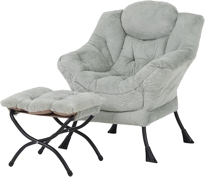 Welnow Lazy Chair with Ottoman, Modern Lounge Accent Chair with Armrests and a Side Pocket, Leisure Sofa Armchair, Reading Armchair with Footrest for Small Space, Plush Green