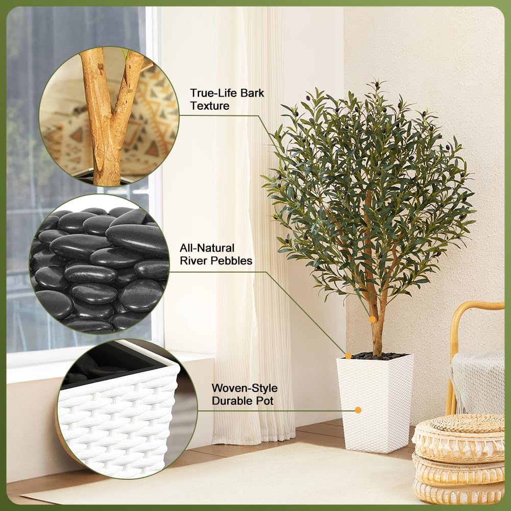 Artificial Olive Tree 5FT, Faux Olive Trees with Real Wood Trunk, UV Resistant Fake Plants in Planter & River Rocks, Indoor Tall Silk Plant for Home Living Room Office Outdoor Decor, VN133