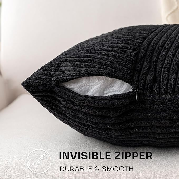 Decorative Throw Pillow Covers 18x18 Inch Set of 2 for Boho Living Room Farmhouse Home Decor, Spring Pillow Covers for Couch Bed, Soft Corduroy Striped Patchwork Cushion Cases, Black