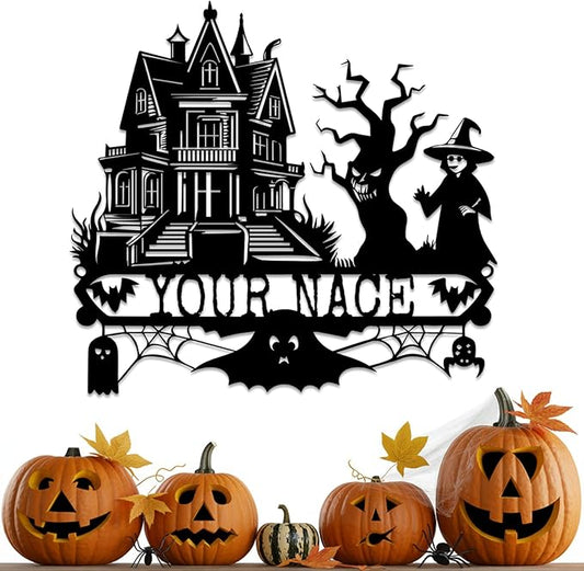 Custom Halloween Metal Wall Art with Family Name, Personalized Haunted House Metal Sign with Witch Bats Pumpkins Skull Ghost Spider, Spooky Decor for Halloween Party, Living Room, Man Cave