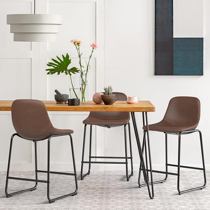 Rfiver Pu Faux Leather Bar Stools Set of 3, Industrial Pub Barstools with Back and Footrest, Modern Armless Bar Height Stool Chairs (Brown, 24" Counter Chair x3)