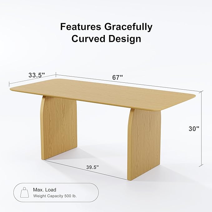 Casaphoria 67" Dining Table, Modern Kitchen Table for 4-6, Farmhouse Style with Rectangular Top & Arched Legs, Easy Assembly for Living Room, Kitchen, Bar, Oak