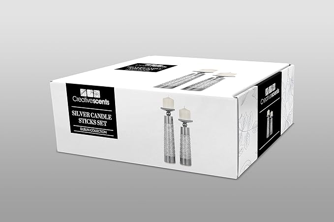 Creative Scents Dublin Silver Decorative Candle Holder Set of 2 - Home Decor Pillar Candle Stand, Coffee Table Mantle Decor centerpieces for Fireplace, Living or Dining Room Table, Gift Boxed