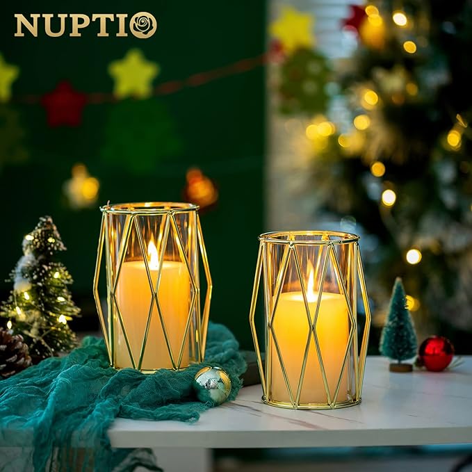 Nuptio Candle Holders for Pillar Candles - Geometric Candleholders Gold Flower Vase with Hurricane Cylinder Glass Dual Uses for Wedding Birthday Party Table Living Room Centerpieces