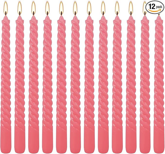 12-Pack Pink Spiral Taper Candles – 10 Inch Elegant Dripless & 10-Hour Burn – Long-Lasting Decorative Candles for Weddings, Birthdays, Parties, Church, Home Decor & Romantic Dinners
