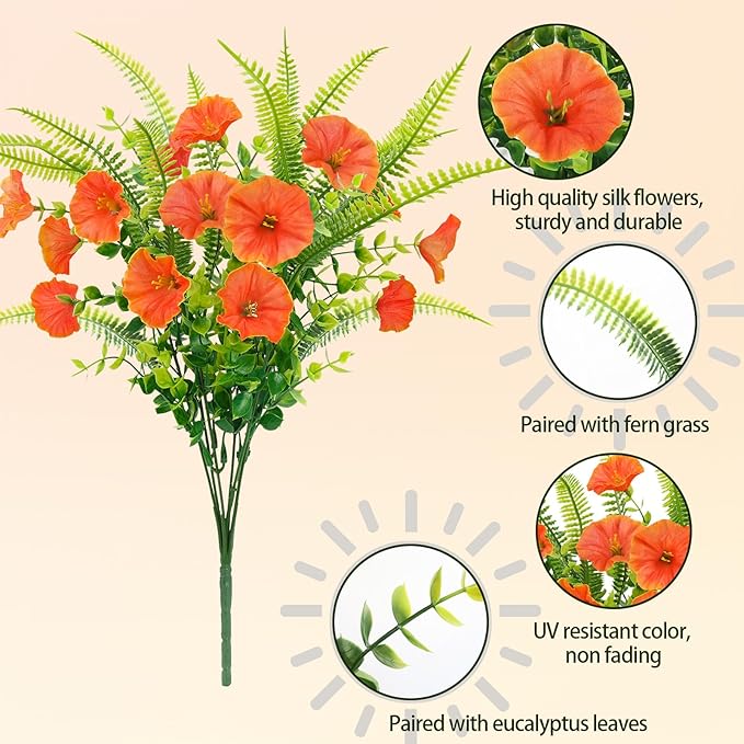 Artificial Fall Flowers for Outdoors 12 Bundles Fake Mums Petunias Flowers UV Resistant Shrubs Plants with Fern for Indoor Outside Hanging Planters Home Garden Autumn Thanksgiving Decorations