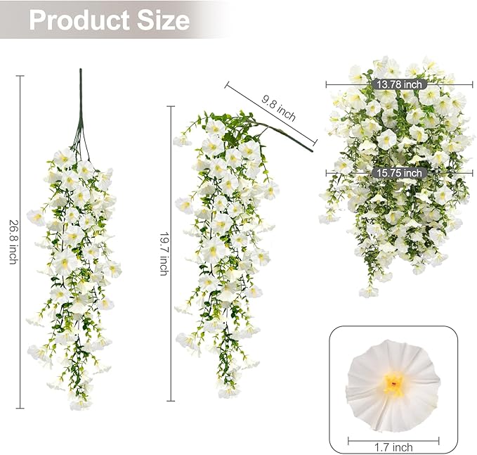 Artificial Flowers for Outdoors Decoration, 4Pcs Fake Hanging Flowers Morning Glory UV & Fading Resistant, Artificial Faux Plants Deocr for Home Porch Patio Balcony Planter Yard Garden Farmhouse